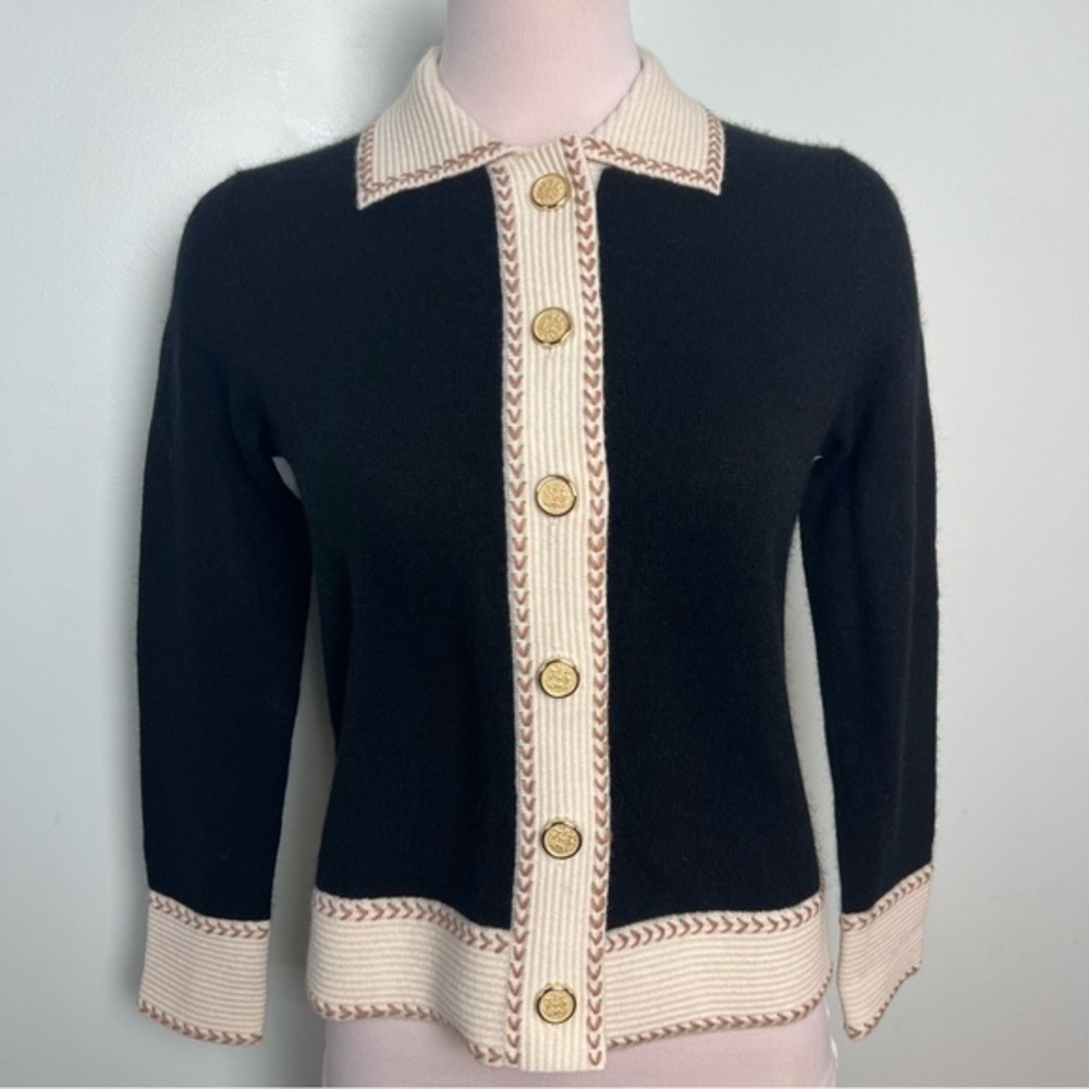 C By Bloomingdale’s 100% 2-Ply Cashmere Black & Cream Gold Button Cardigan XS